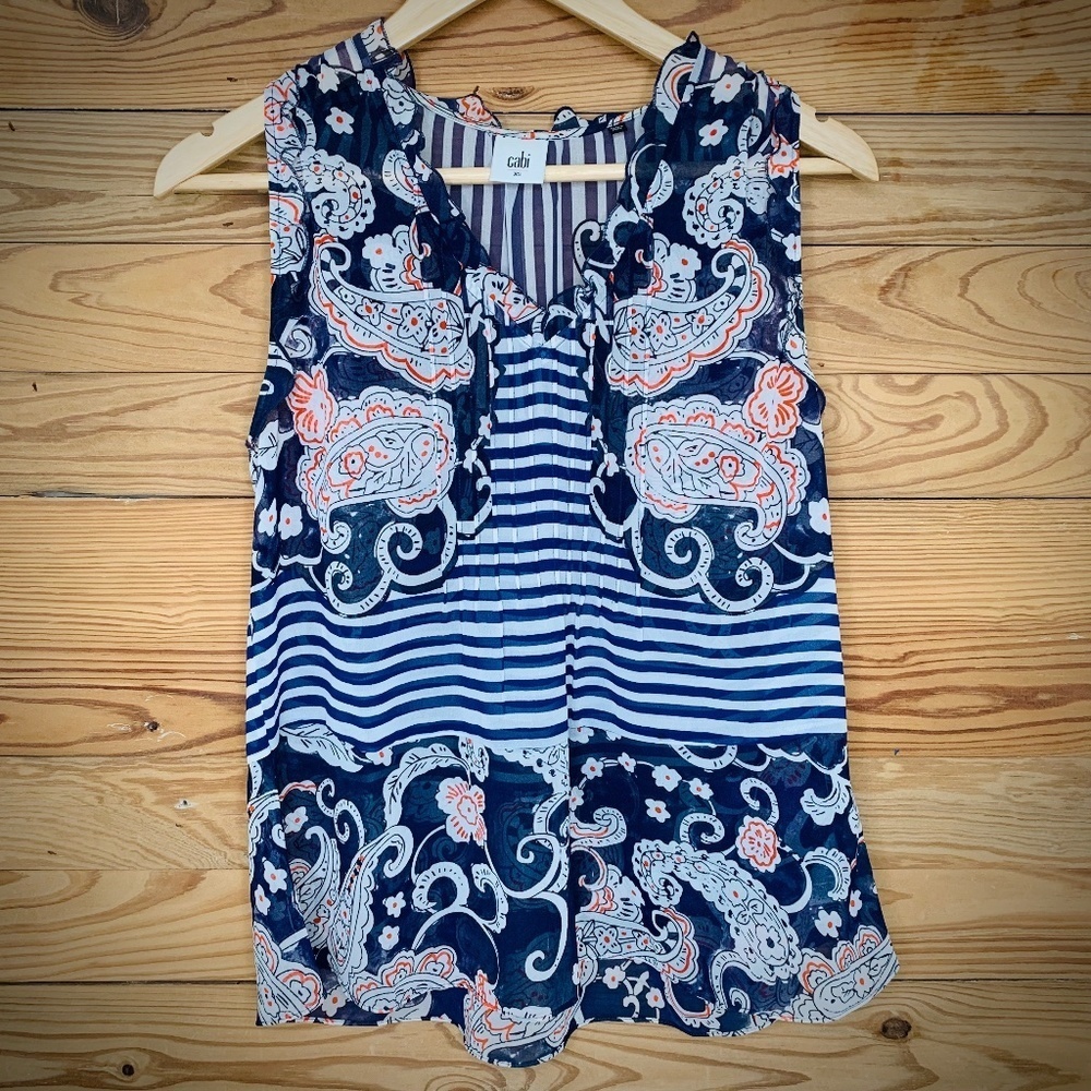EUC CAbi Peplum Ruffle Floral Semi-Sheer Sleeveless Blouse XS #5349